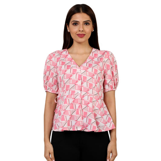 Mantra Pink Puff sleeve peplum top