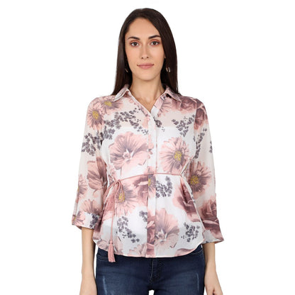 Mantra peach Floral printed Tie-up shirt