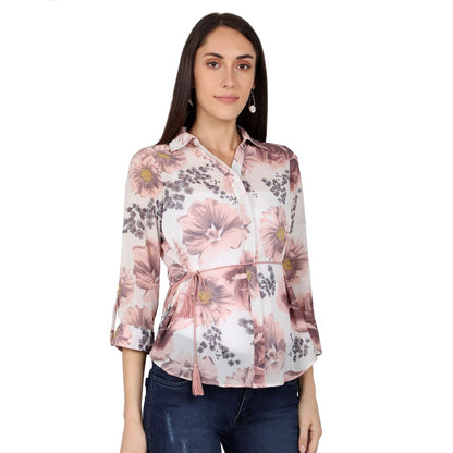 Mantra peach Floral printed Tie-up shirt