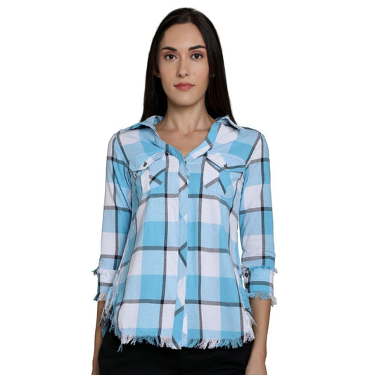 Mantra Blue Cotton Checks Frayed Shirt