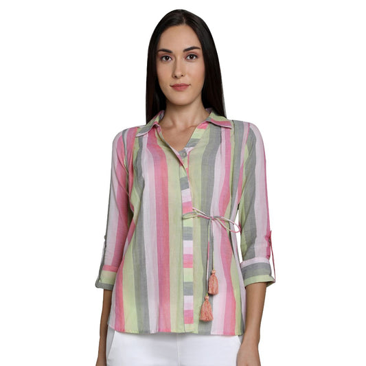 Mantra Pink Cotton stripes Tie-up Shirt