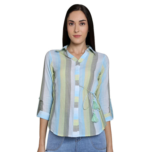 Mantra Blue Cotton stripes Tie-up Shirt