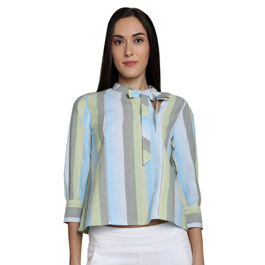 Mantra blue  cotton Bow neck top