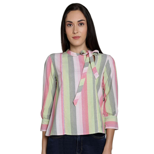 Mantra Pink cotton Bow neck top