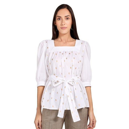 Mantra White printed Puff sleeve top