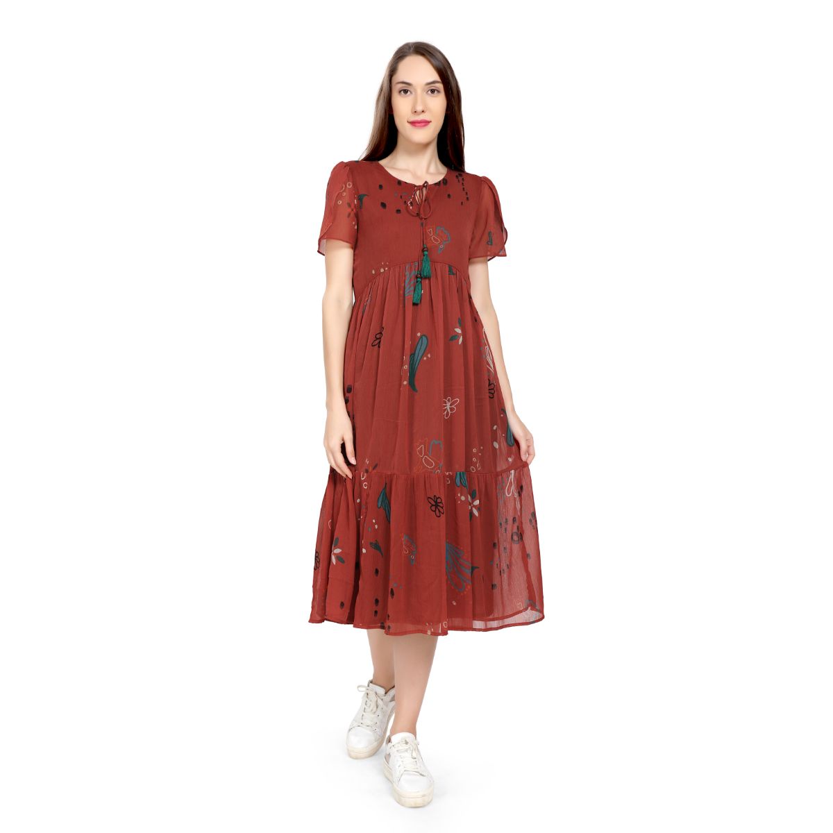 Mantra rust chiffon Petal sleeve maxi dress