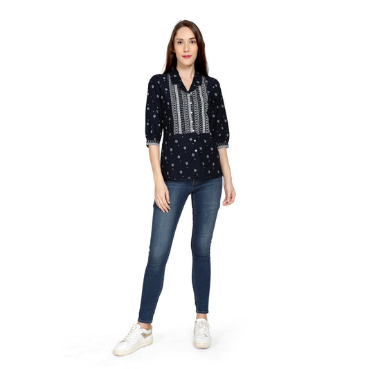 Mantra Navy Blue Cotton Basic printed Top