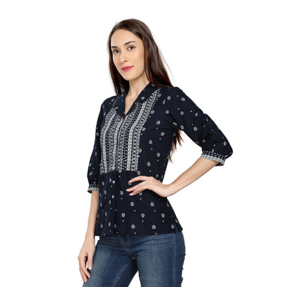 Mantra Navy Blue Cotton Basic printed Top