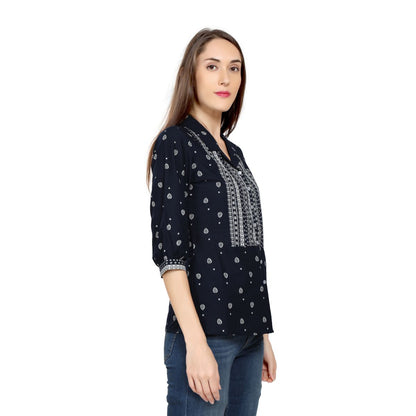 Mantra Navy Blue Cotton Basic printed Top