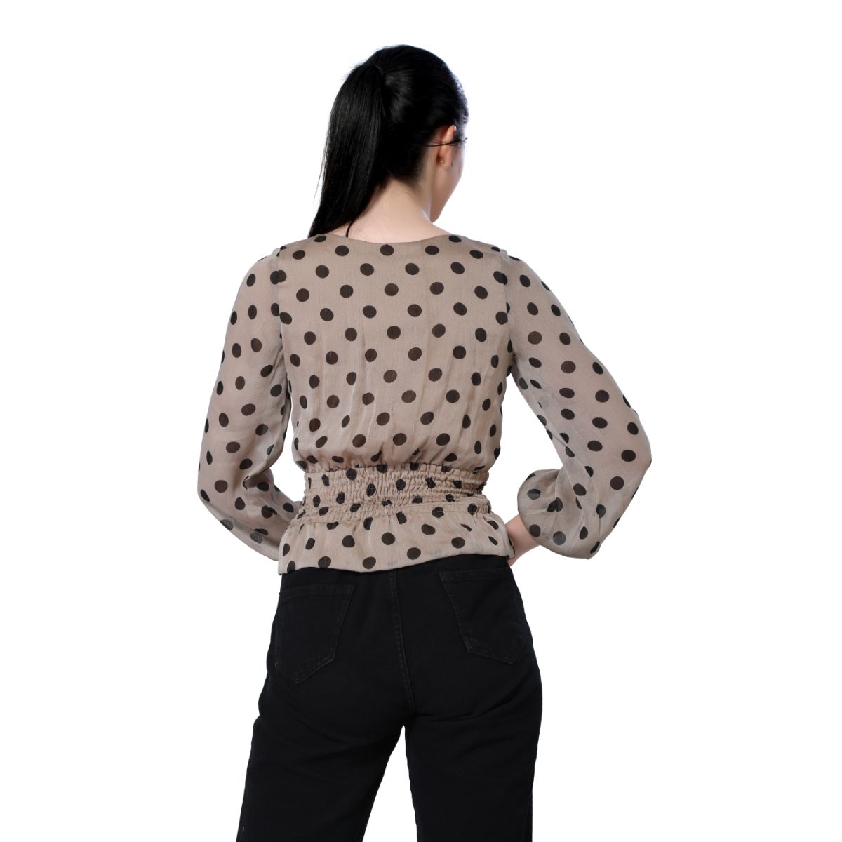 Mantra beige polka smocking peplum top