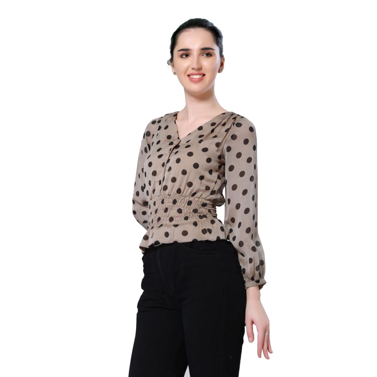 Mantra beige polka smocking peplum top