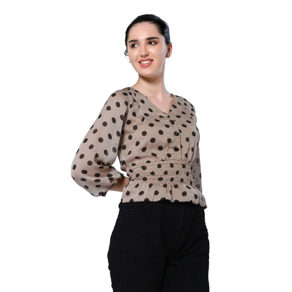 Mantra beige polka smocking peplum top