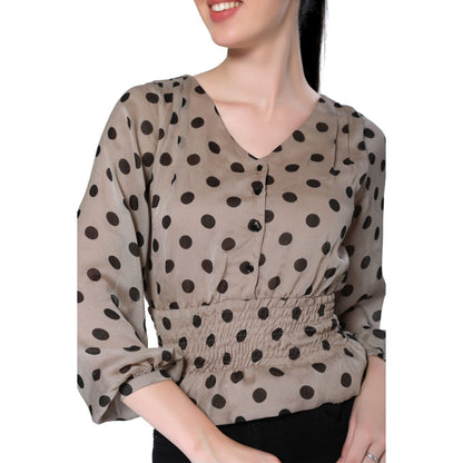 Mantra beige polka smocking peplum top