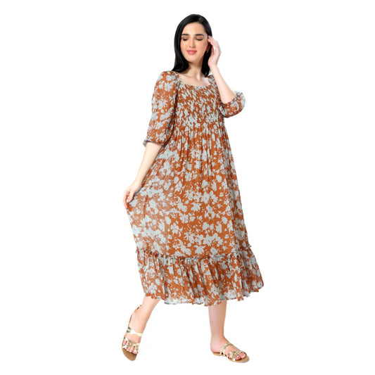 Mantra Brown smocking maxi dress