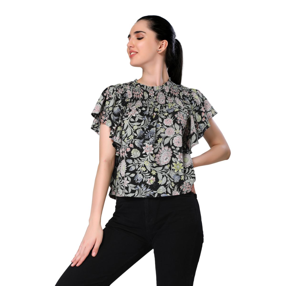 Mantra black printed smocked frilly top