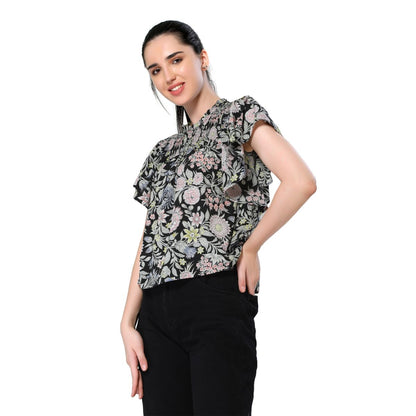 Mantra black printed smocked frilly top