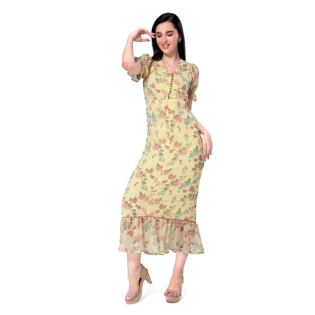 Mantra yellow floral printed trumpet dress
