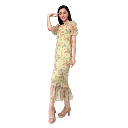 Mantra yellow floral printed trumpet dress