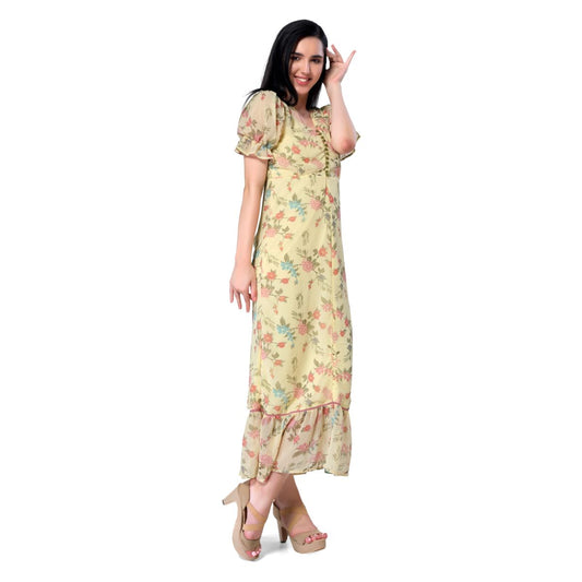 Mantra yellow floral printed trumpet dress