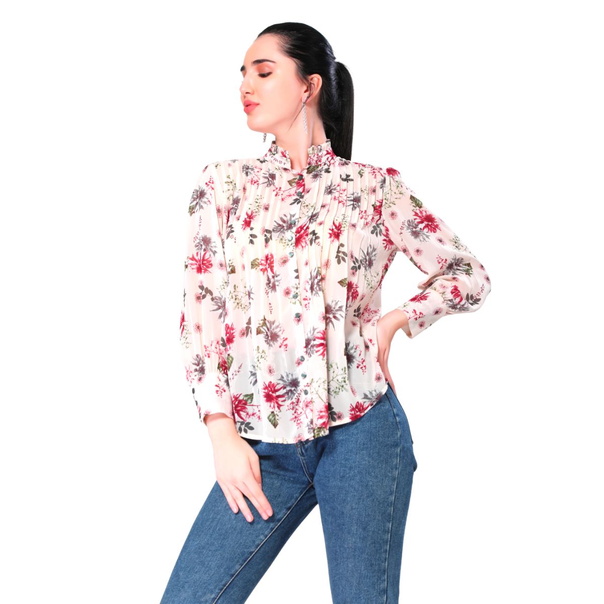 Mantra pink white floral printed pleated Shirt