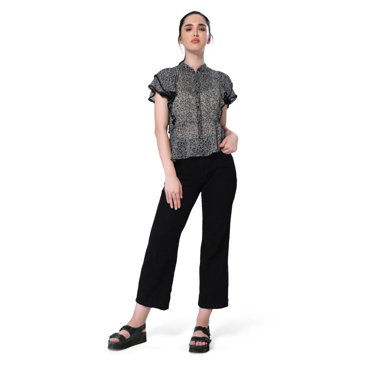 Mantra black printed frilly top