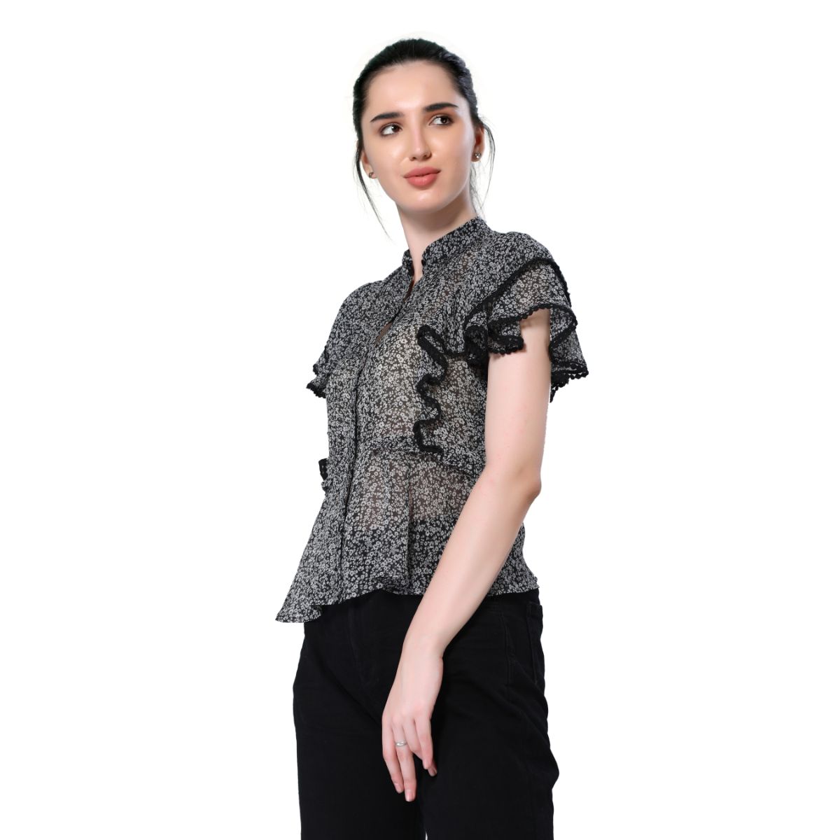 Mantra black printed frilly top