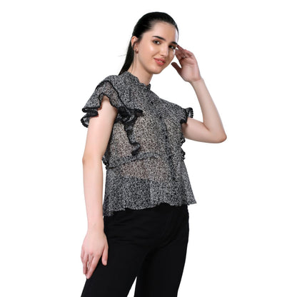 Mantra black printed frilly top