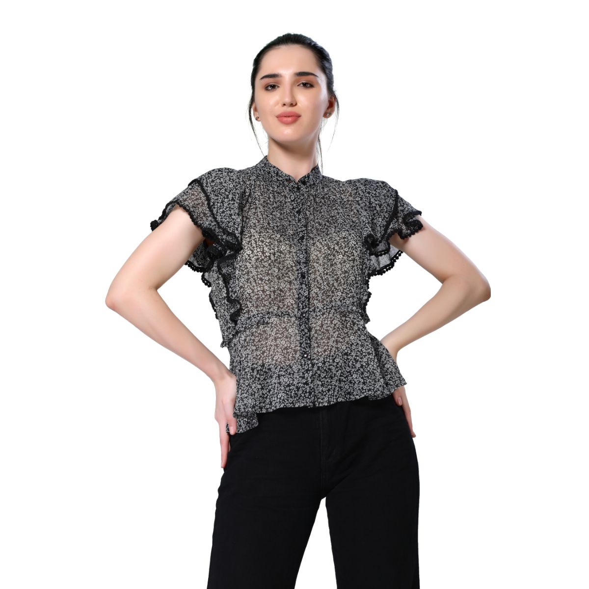 Mantra black printed frilly top