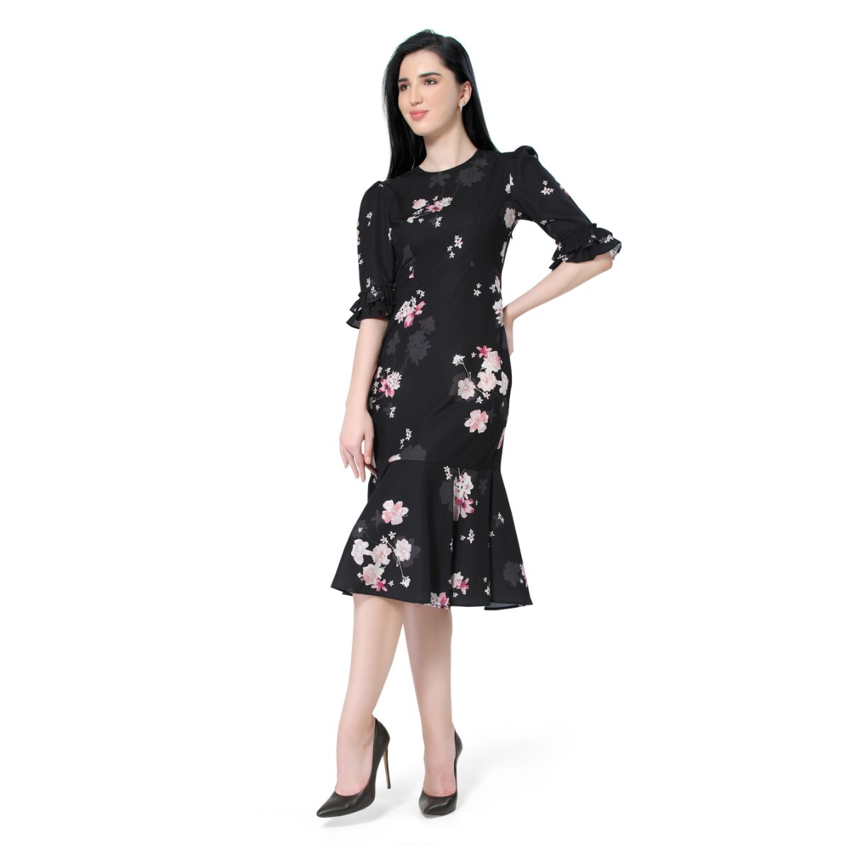 Mantra black floral printed trumpet dress