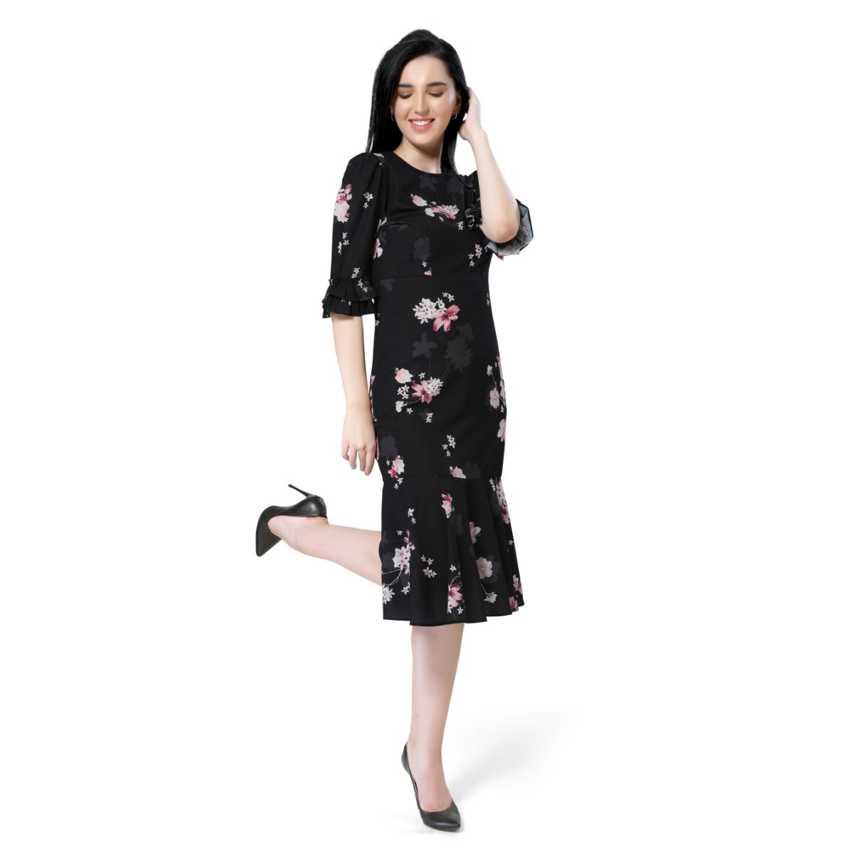 Mantra black floral printed trumpet dress