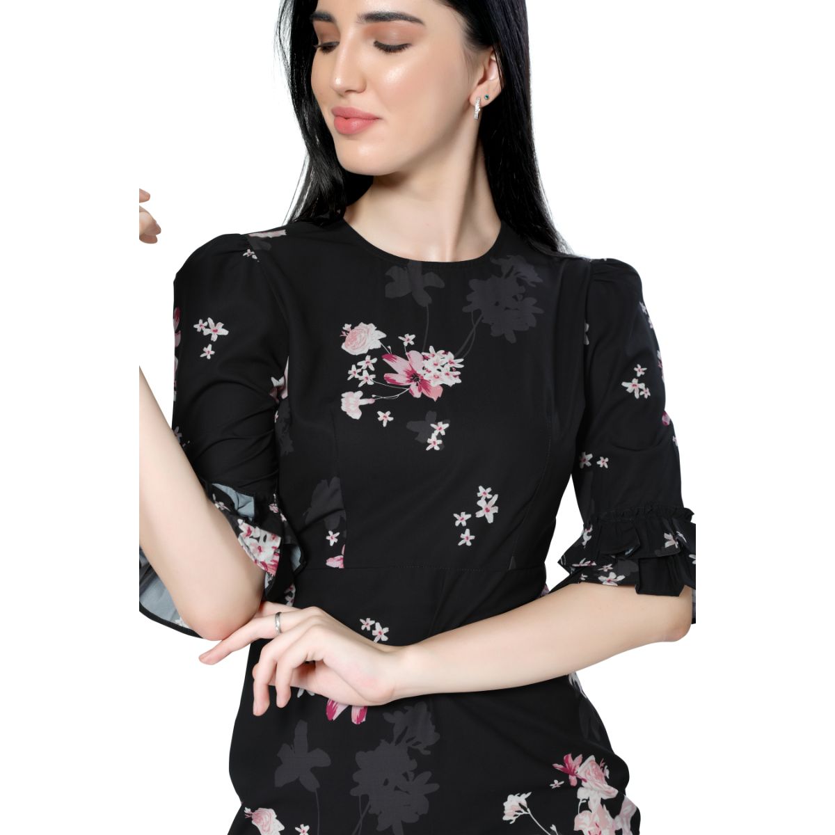 Mantra black floral printed trumpet dress