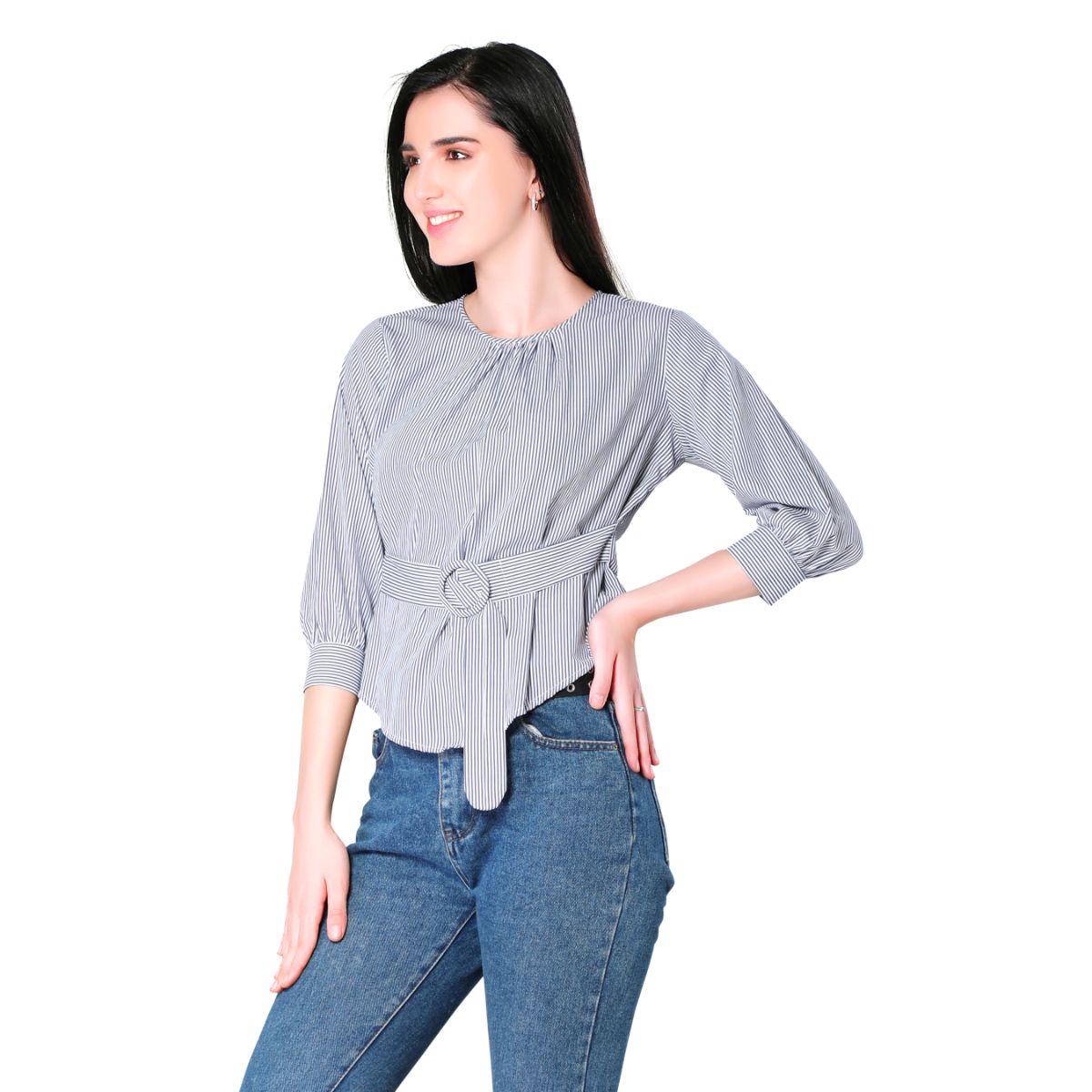 Mantra blue stripe buckle top