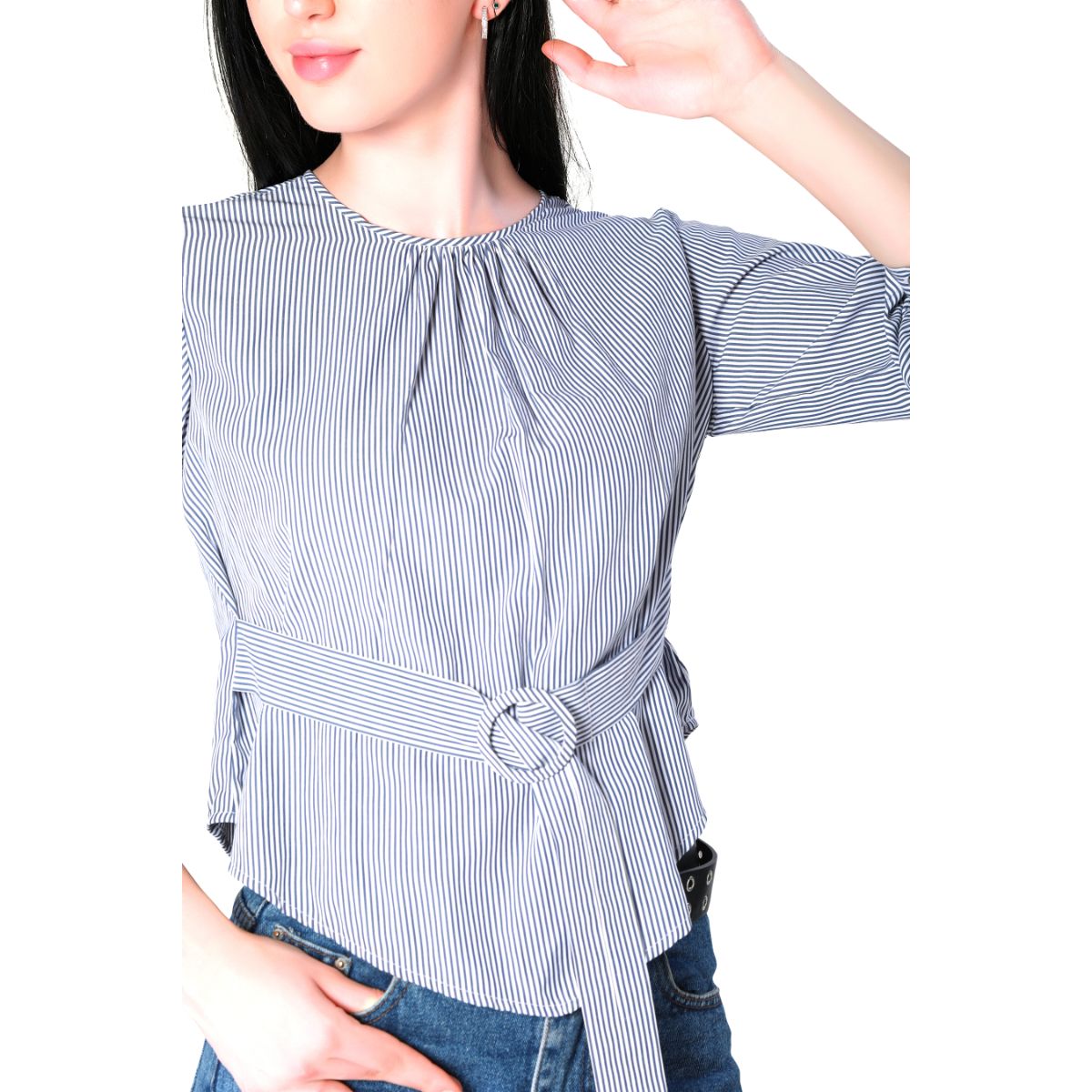 Mantra blue stripe buckle top