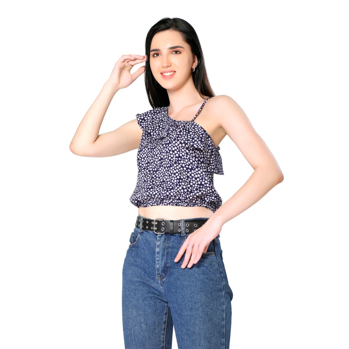 Mantra blue floral printed one shoulder top