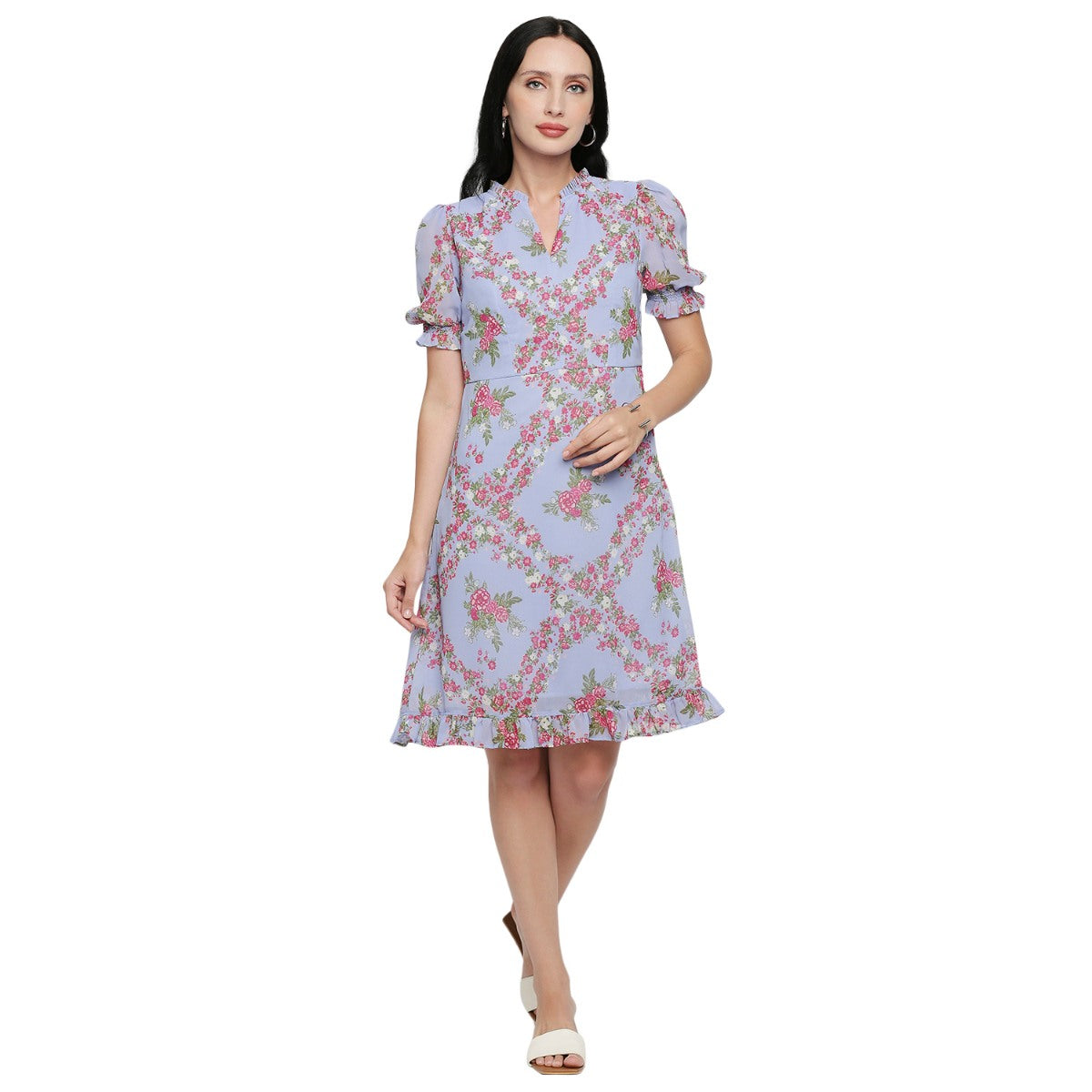 Mantra purple floral printed ruffle dress