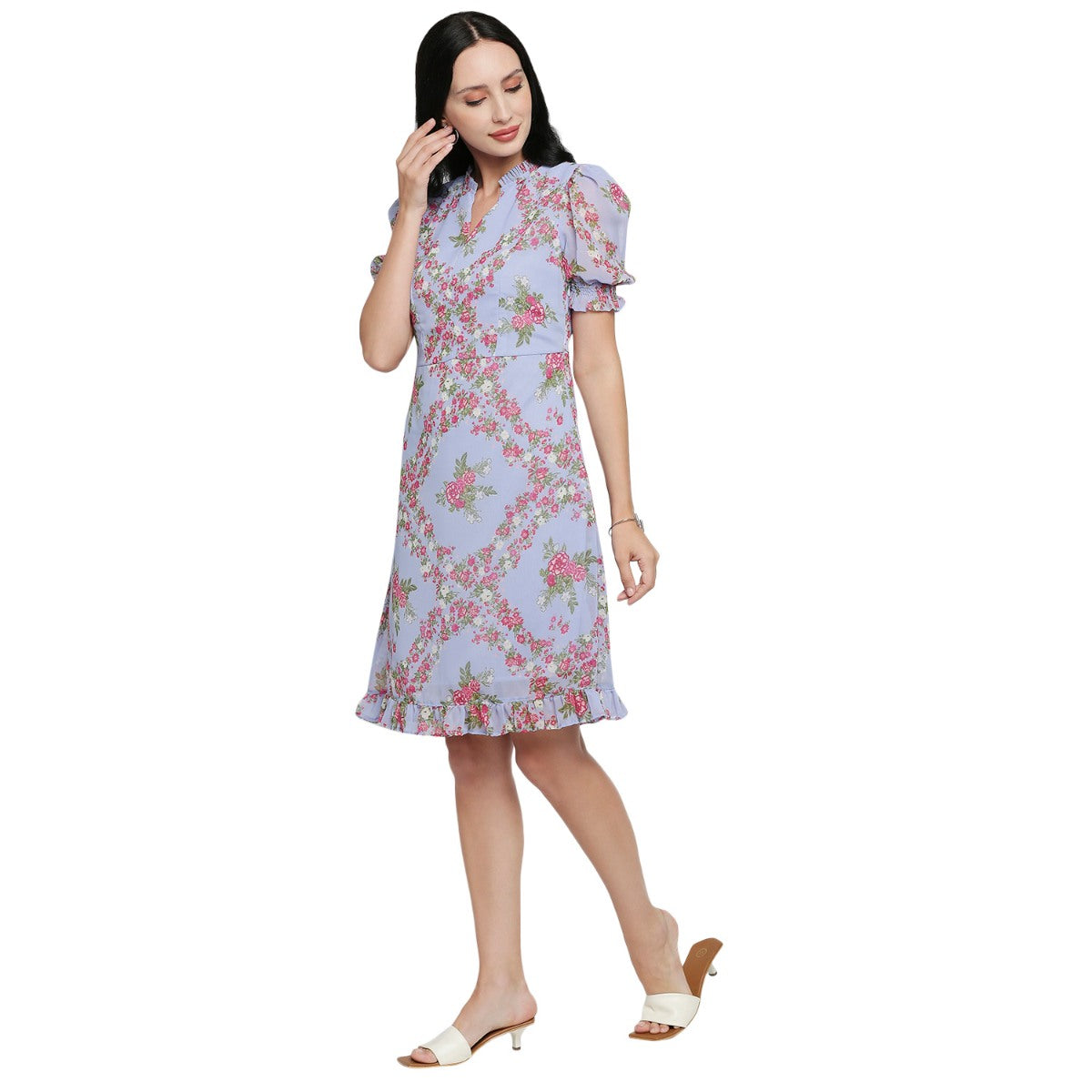 Mantra purple floral printed ruffle dress