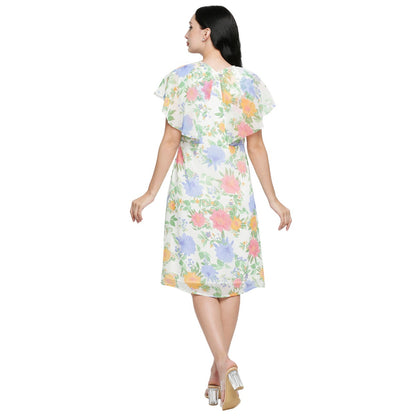 Mantra white floral printed butter-fly sleeve dress.