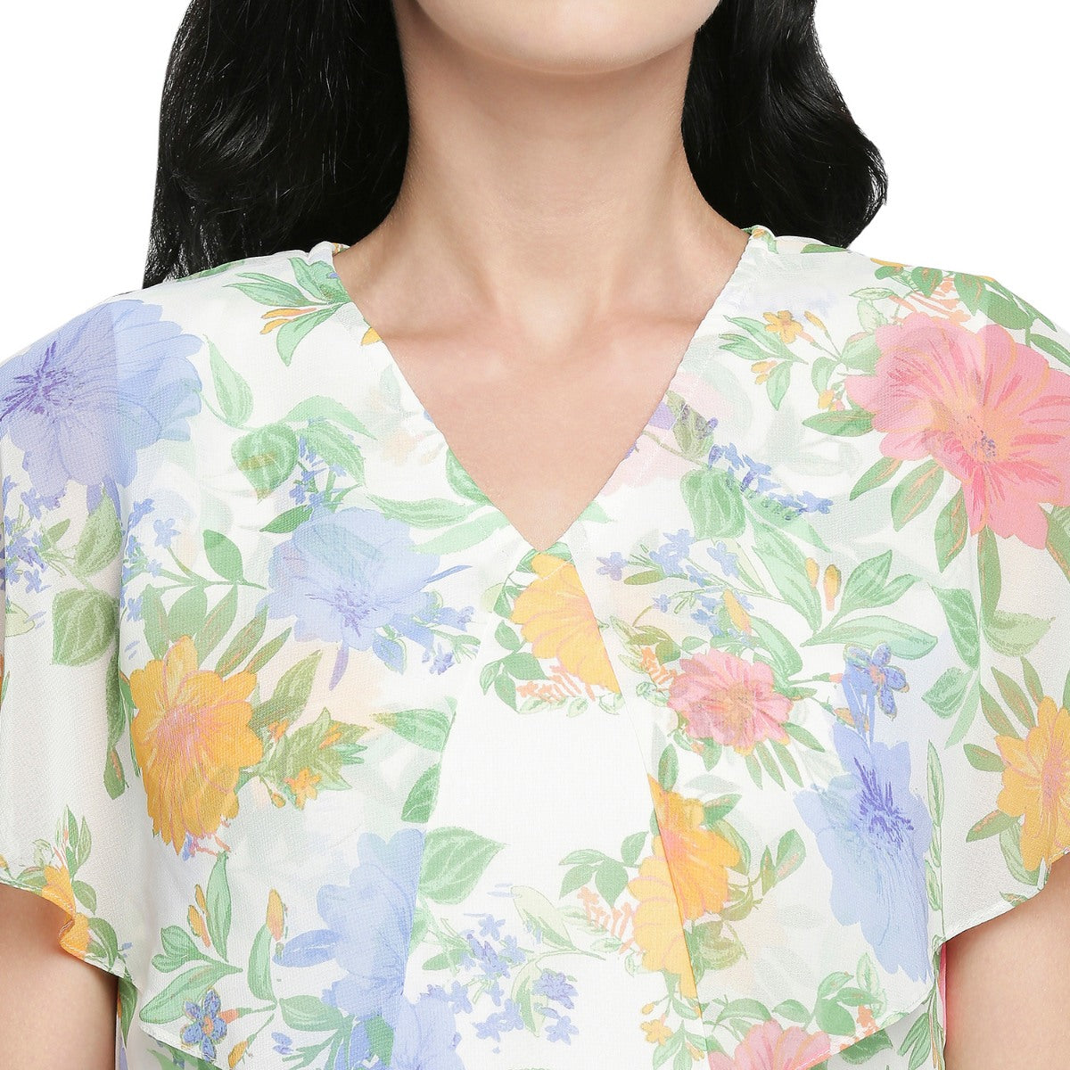 Mantra white floral printed butter-fly sleeve dress.