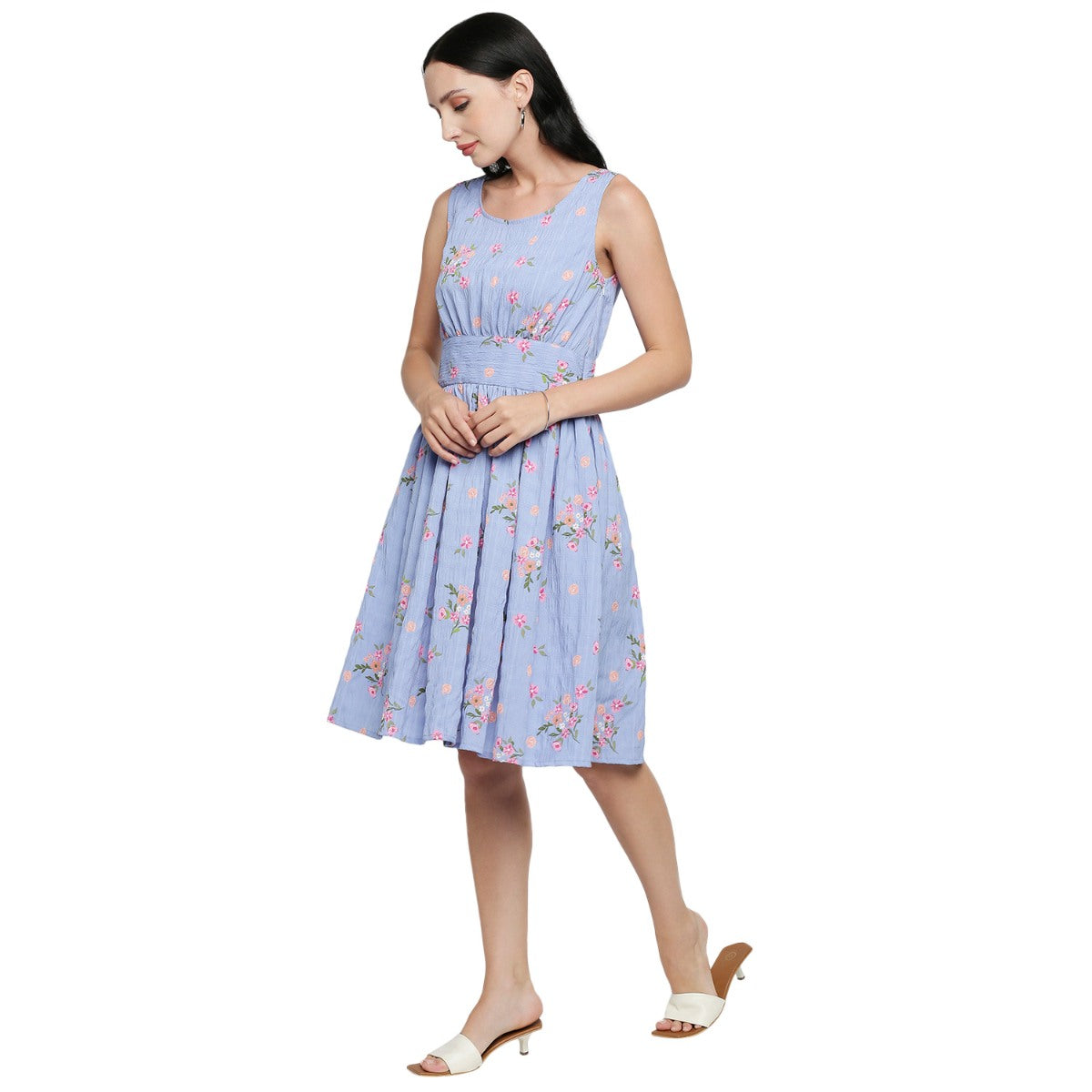 Mantra blue flower printed sleeveless dress