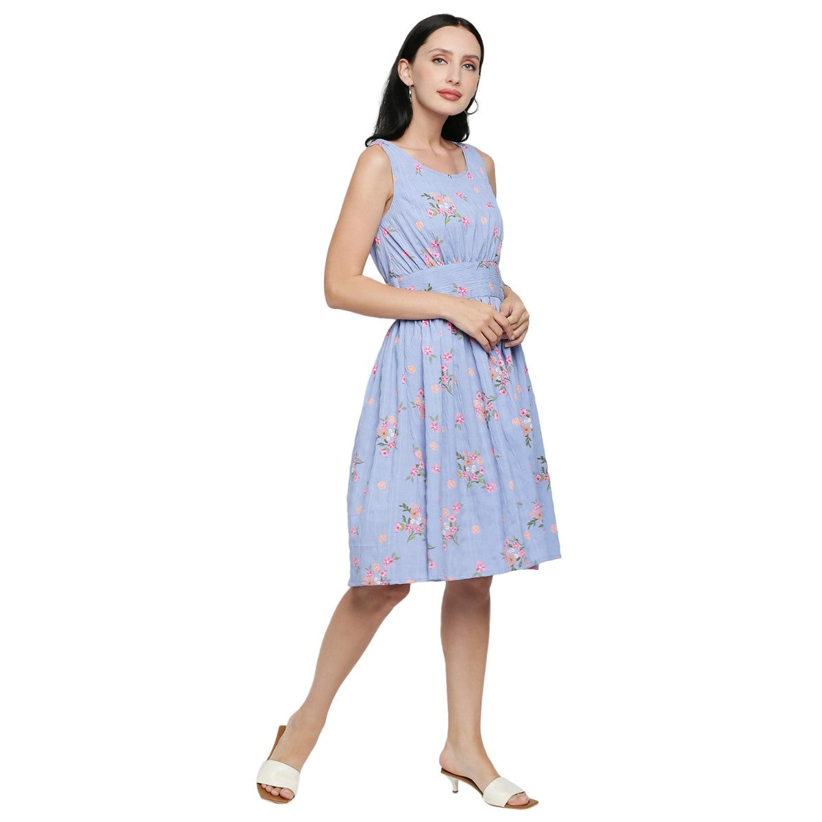 Mantra blue flower printed sleeveless dress